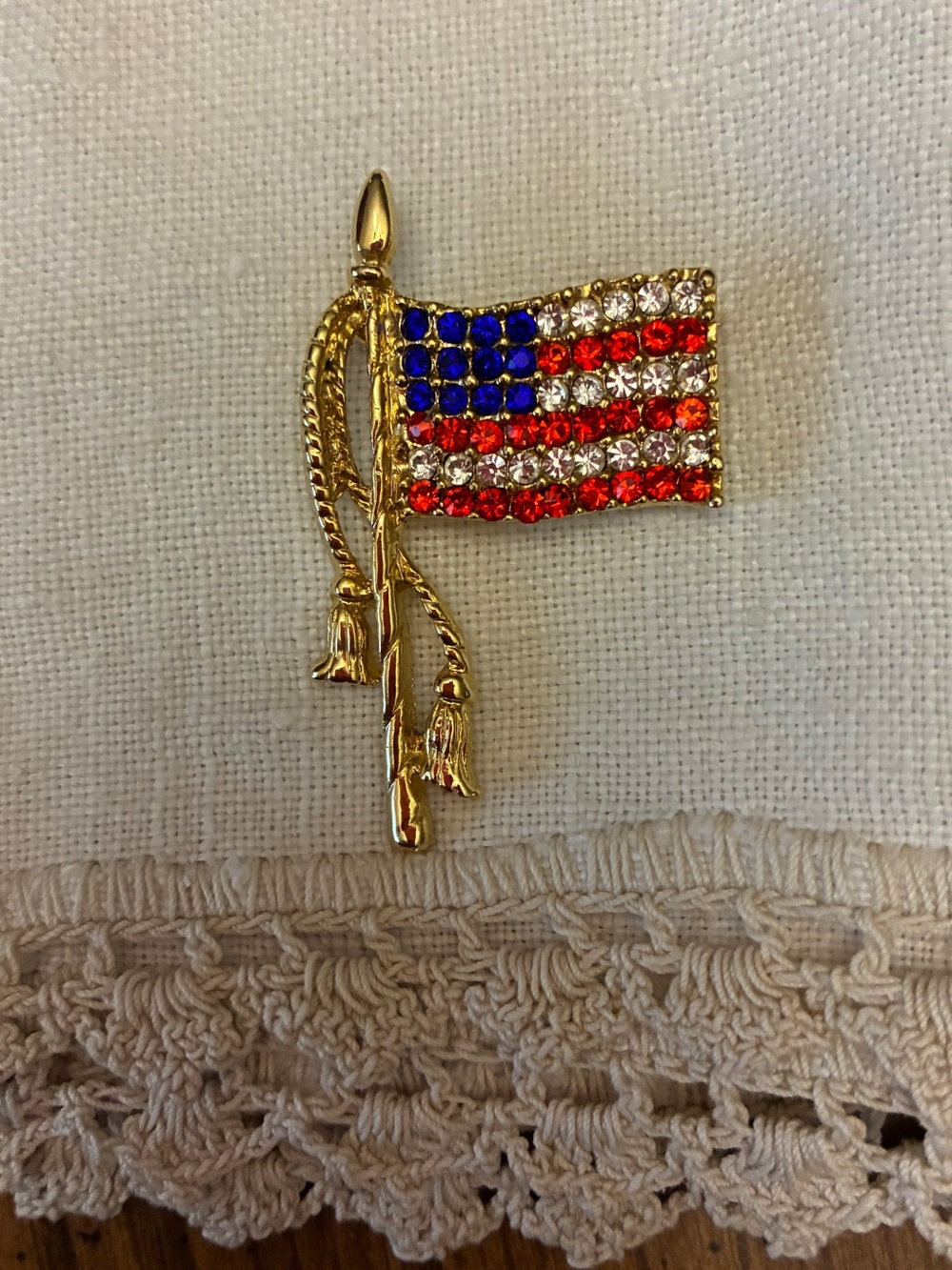 Gold-Tone American Flag Rhinestone Brooch - Red, White & Blue Sparkle